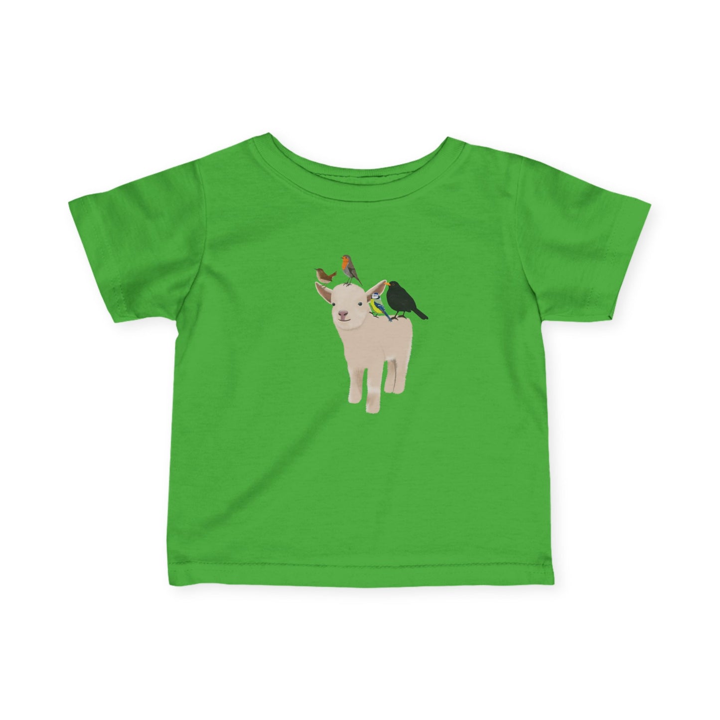 Süßes Lamm mit Amsel Blaumeise Rotkehlchen Zaunkönig Vogel Tiermotiv T-Shirt für Babys und Kleinkinder