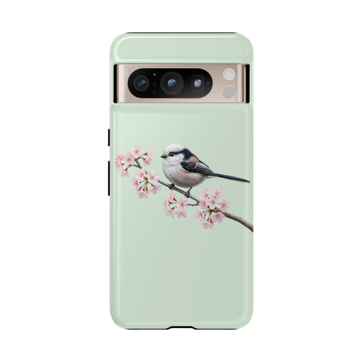 Funda para móvil de carbonero común en verde salvia | Motivo floral de pájaro y flores de cerezo para iPhone y Google Pixel