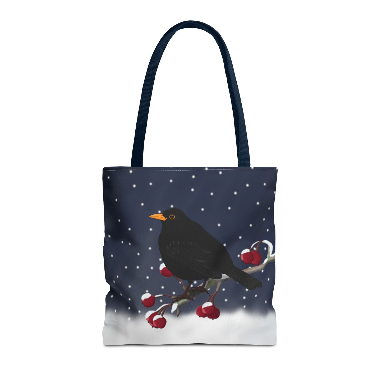 Amsel auf einem Ast im Schnee Vogel Tragetasche