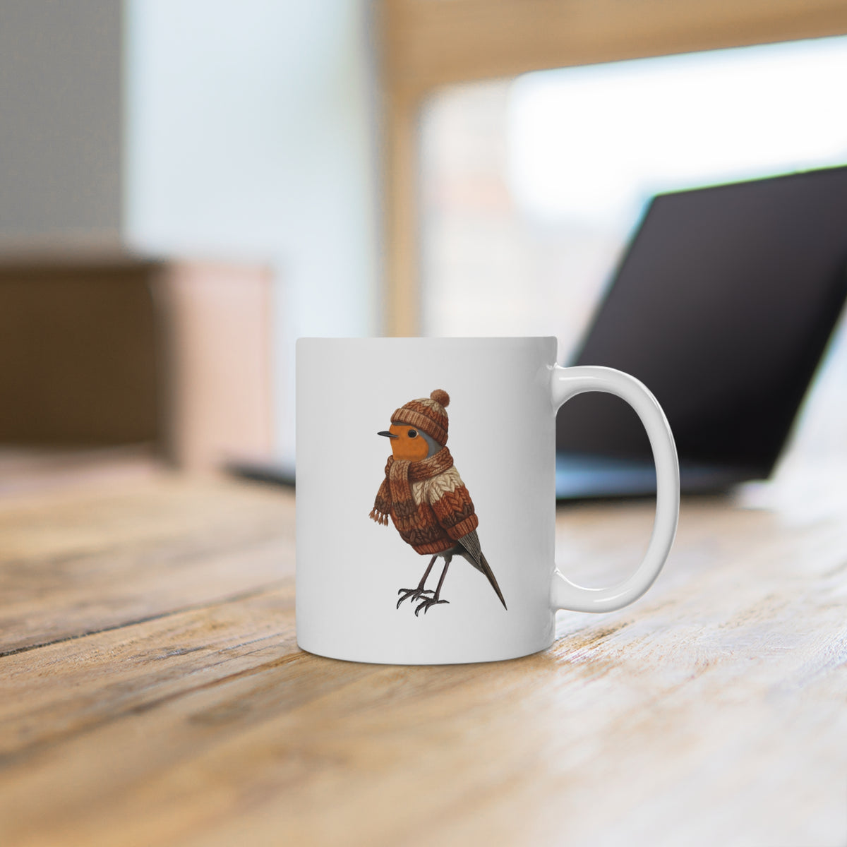 Rotkehlchen mit Strickpullover Weihnachtliche Tasse Vogelmotiv – Ideal für Kakao & Kaffee – 11 oz,