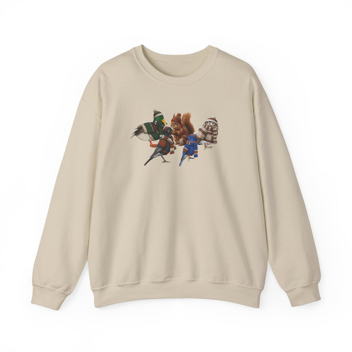 Cozy Winter Crewneck: Backyard Birds & Squirrel in Knitwear Sweatshirt – Animal Lover Gift, Avian Enthusiast