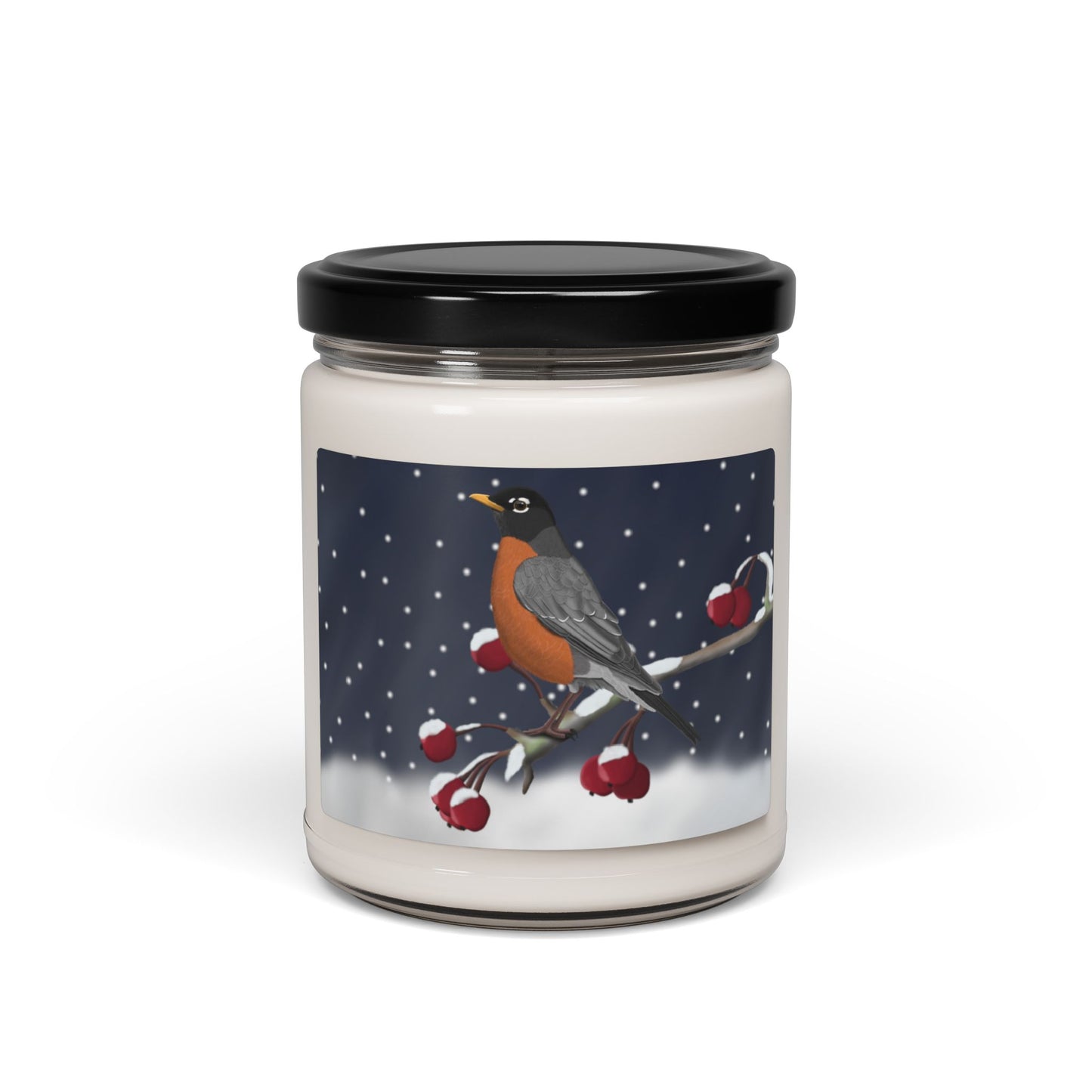 Robin on a Winter Branch Christmas Bird Art Scented Soy Candle, 9oz