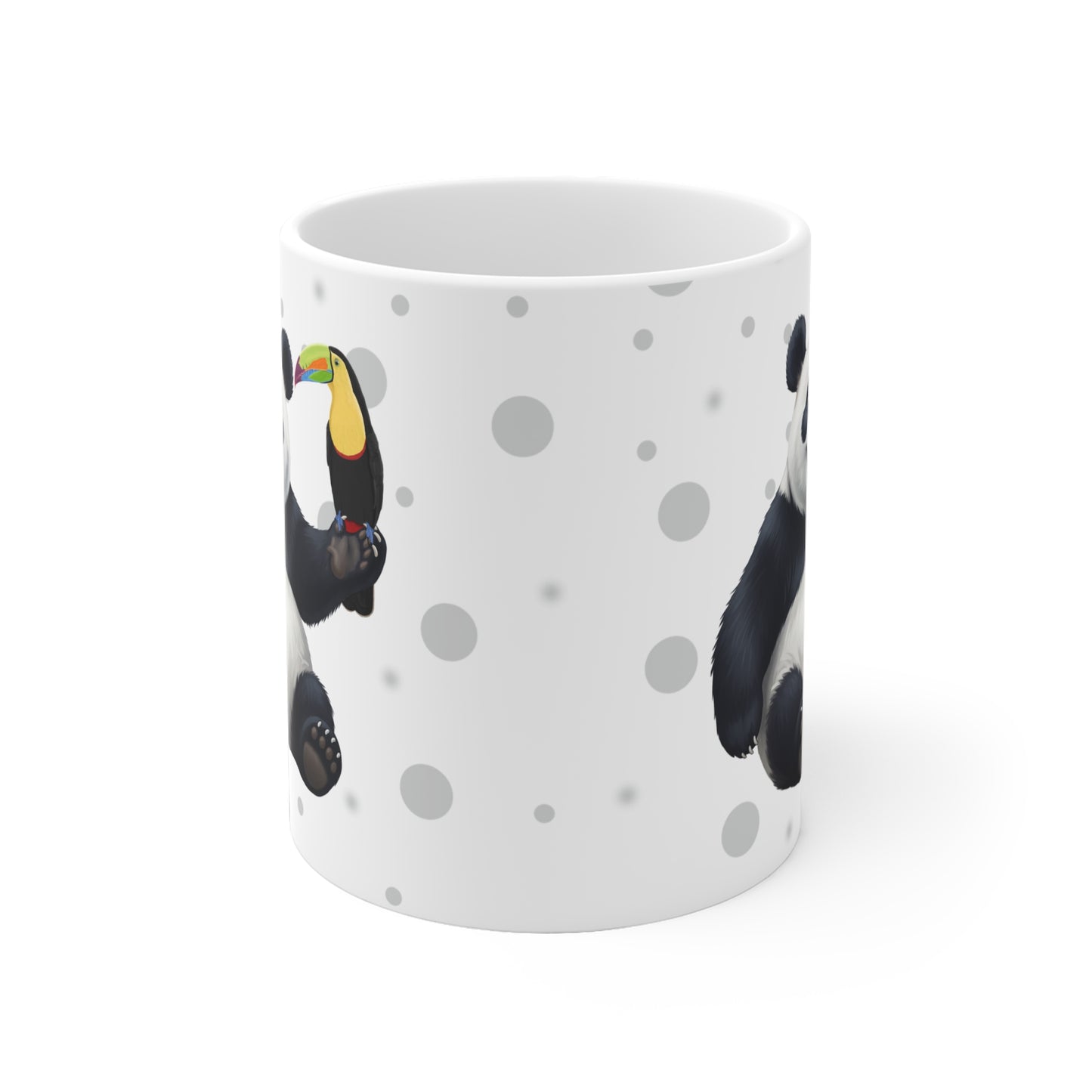 Tukan mit einem fröhlichen Panda Vogel Tiermotiv Tasse Punkte Grau