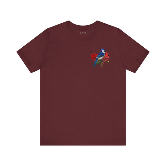 Valentine's Day Blue Jay Cardinal Birds on Rose T-Shirt