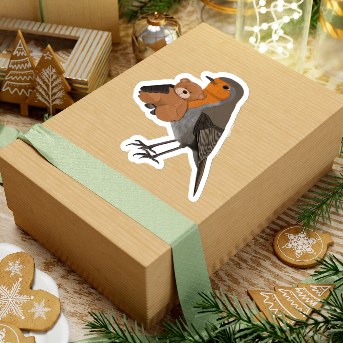 Robin Bird with Teddy Bear Kiss-Cut Sticker