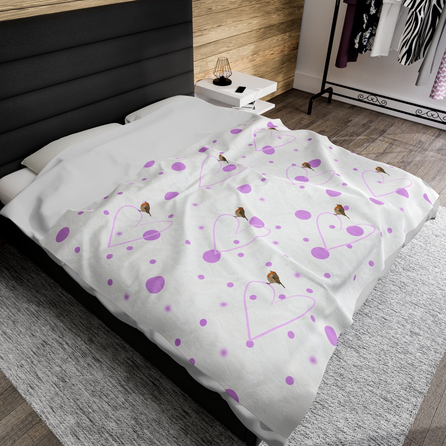European Robin Valentine's Day Bird Velveteen Plush Blanket Pink Hearts and Dots
