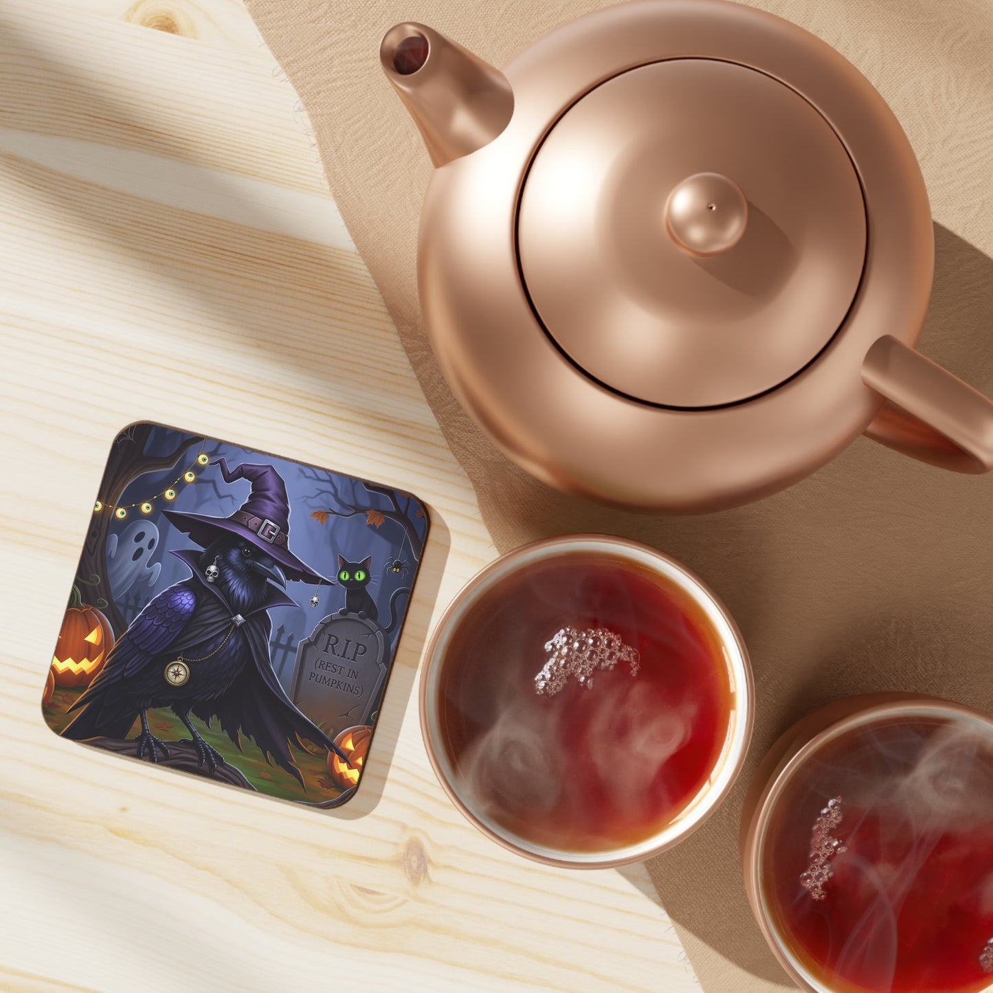 Crow Halloween Coasters - Funny Spooky Bird Design with Pumpkins & Cat