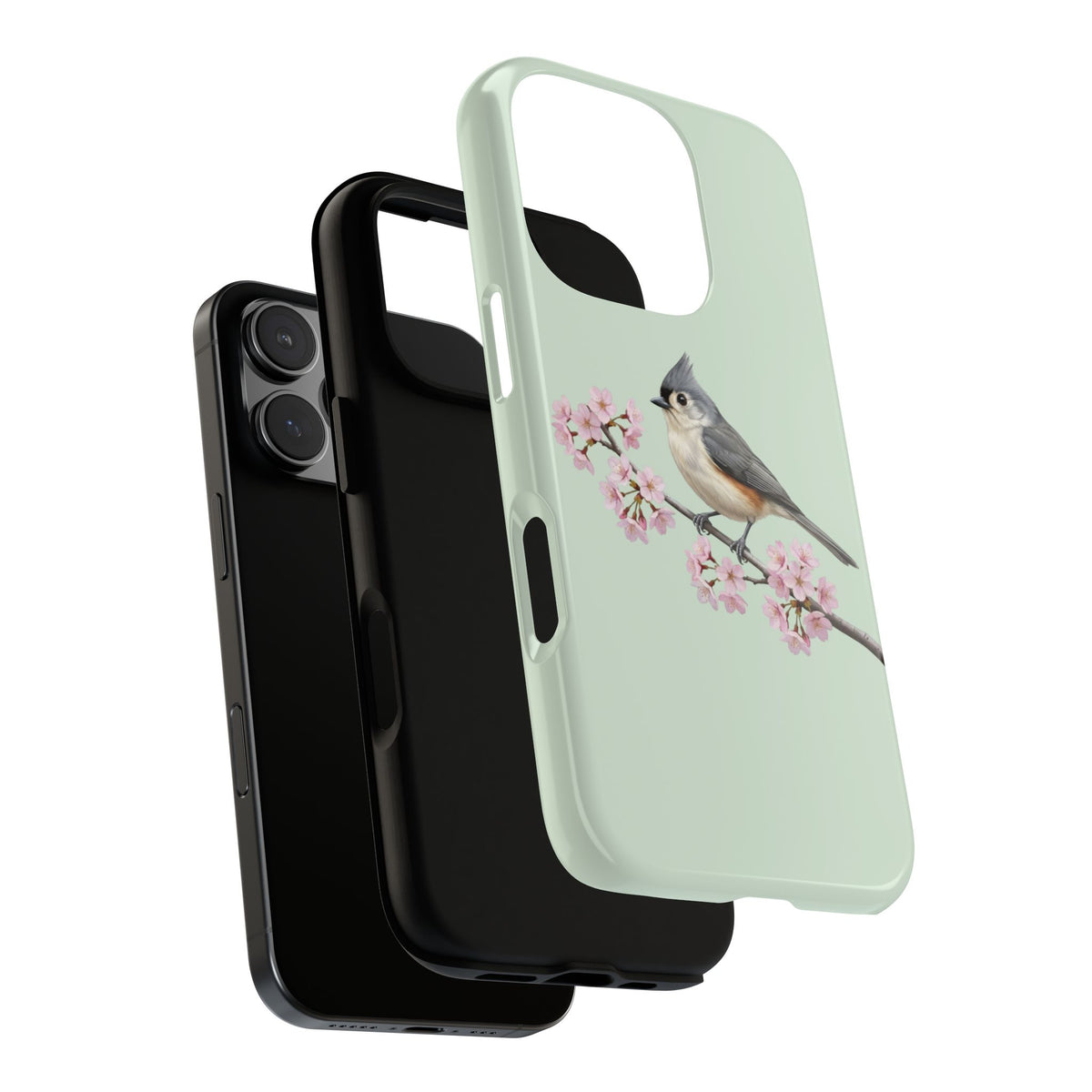 Grauhäubchenmeise Handyhülle in Salbeigrün | Florales Kirschblüten Vogel-Motiv für iPhone & Google Pixel
