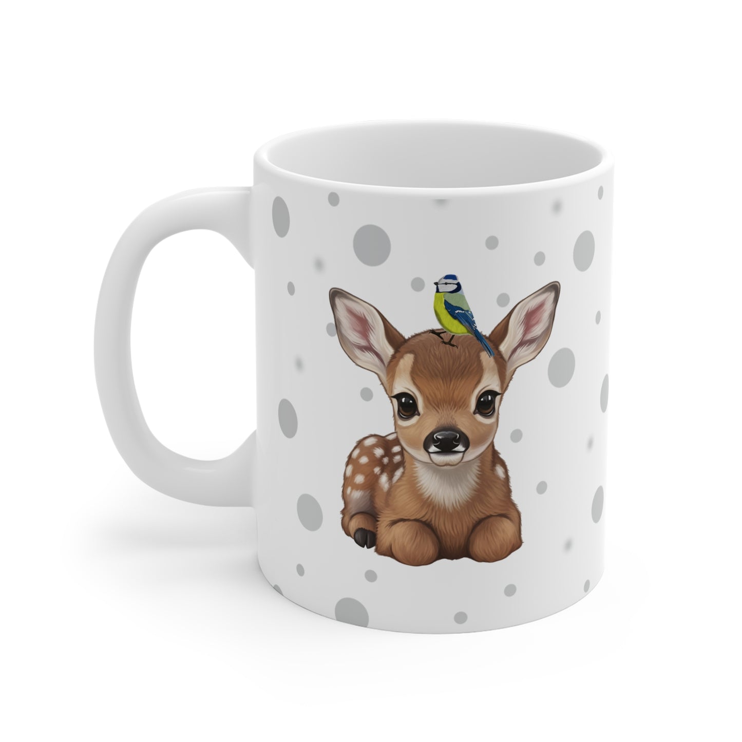 Rehkitz Tasse mit Blaumeise Tiermotiv Punkte Grau