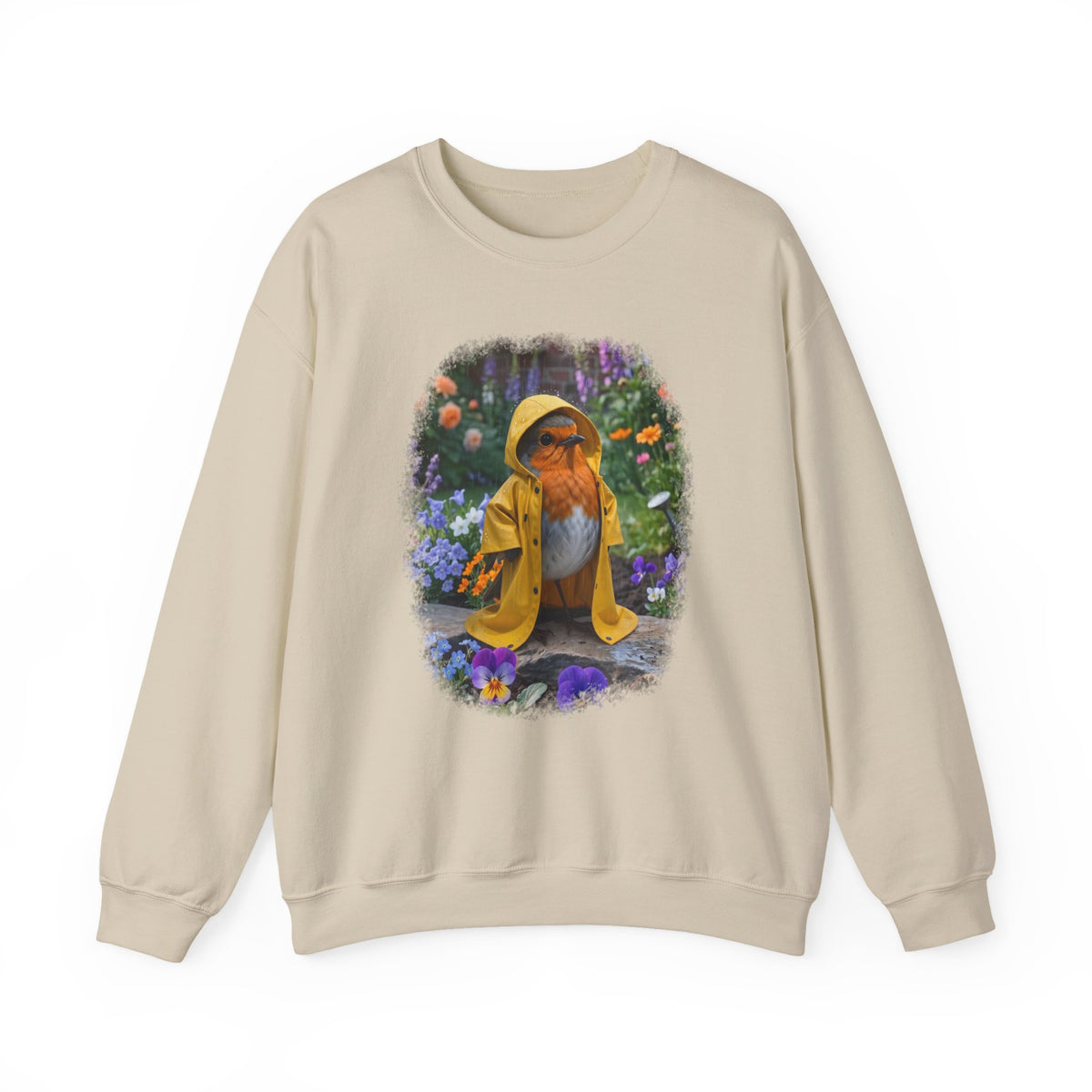 Robin Rosi Yellow Raincoat Garden Premium Sweatshirt for Bird Lovers