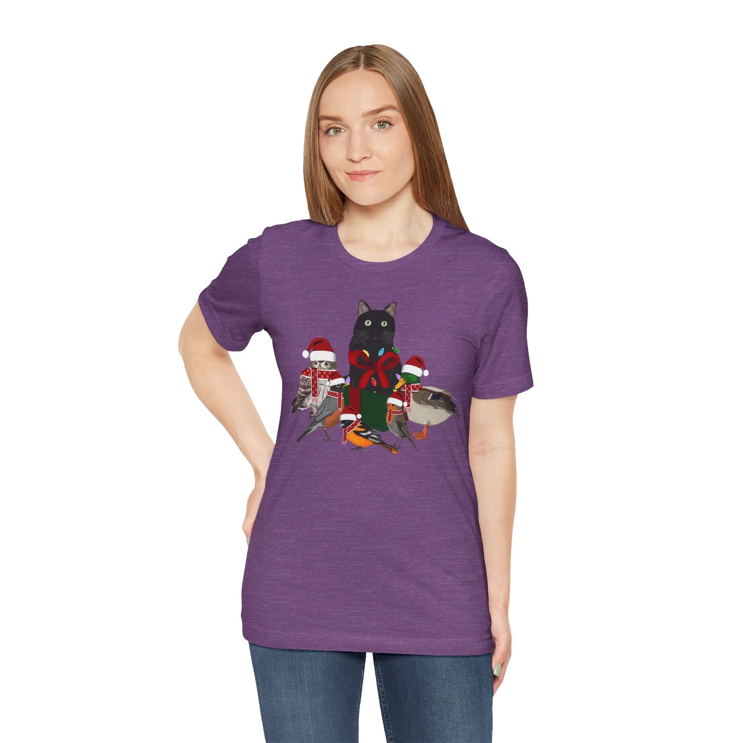 Robin Mallard Oriole Owl with Cat in a Box and Fairy Lights Christmas Bird T-Shirt