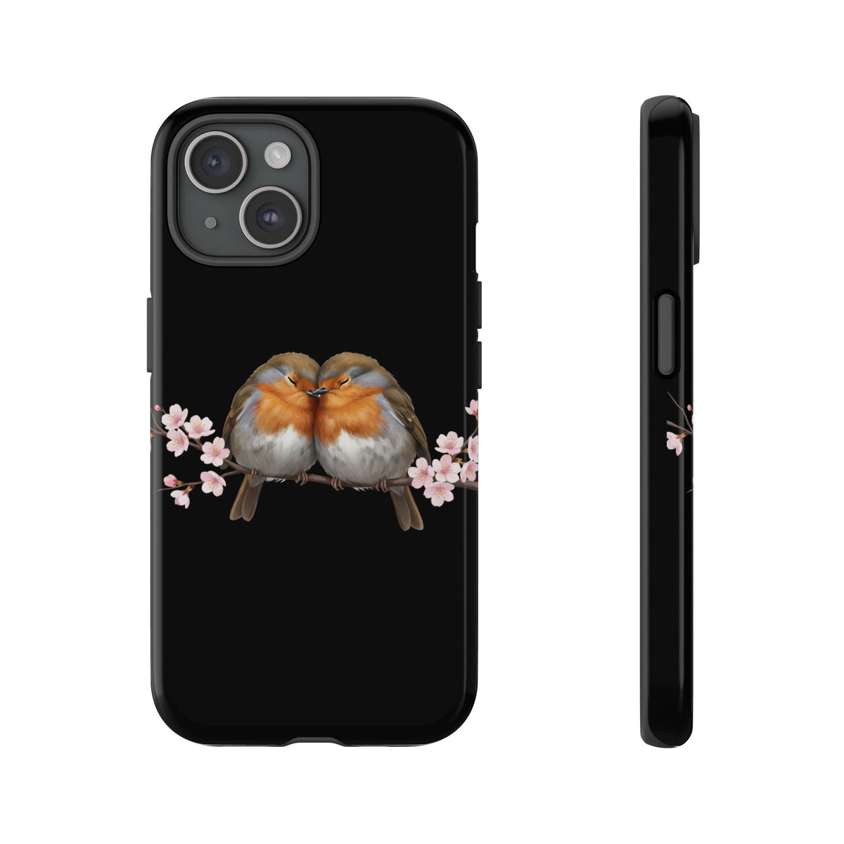 Rotkehlchen mit Kirschblüten Premium Handyhülle – Doppelt Geschützt & Rundum Bedruckt Schwarz