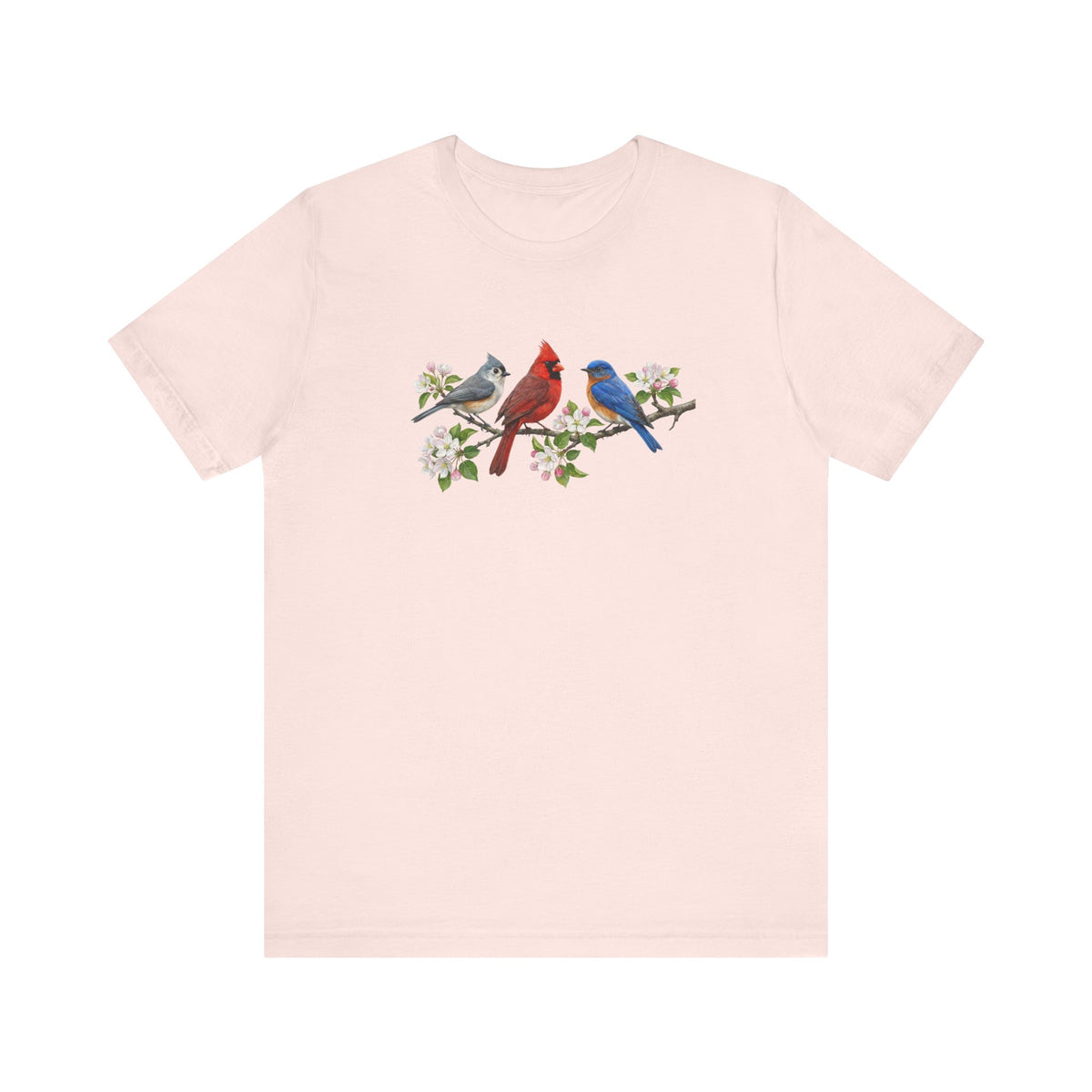 Tufted Titmouse, Bluebird and Cardinal T-Shirt on apple blossoms background