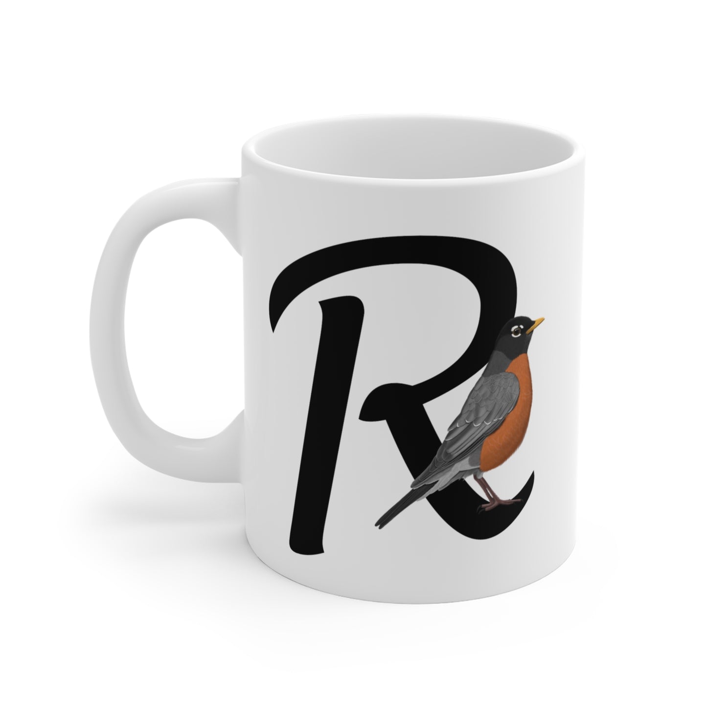 American Robin Letter R Bird Ceramic Mug 11oz White