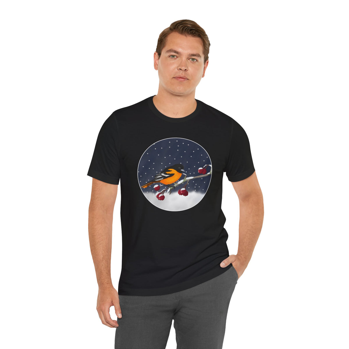Baltimore Oriole on a Winter Branch Birdwatcher Christmas Bird T-Shirt