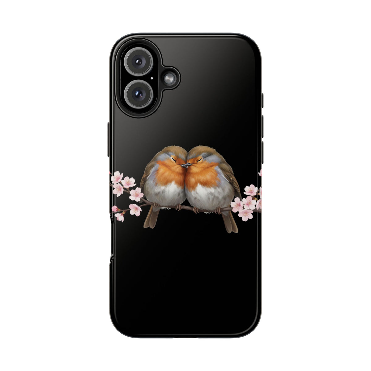 European Robin with Cherry Blossoms iPhone Case – Premium Tough Phone Cover Black
