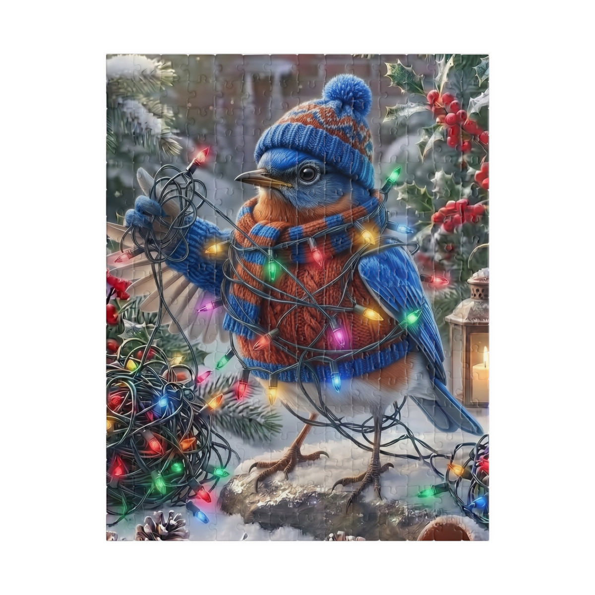 A square puzzle showing a bluebird in winter clothing surrounded by snow, evergreen branches, red berries, and multicolored Christmas lights. The bird wears a blue knit hat with a pom-pom and a matching blue-and-orange scarf.