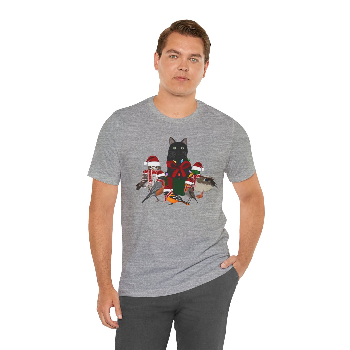Robin Mallard Oriole Owl with Cat in a Box and Fairy Lights Christmas Bird T-Shirt