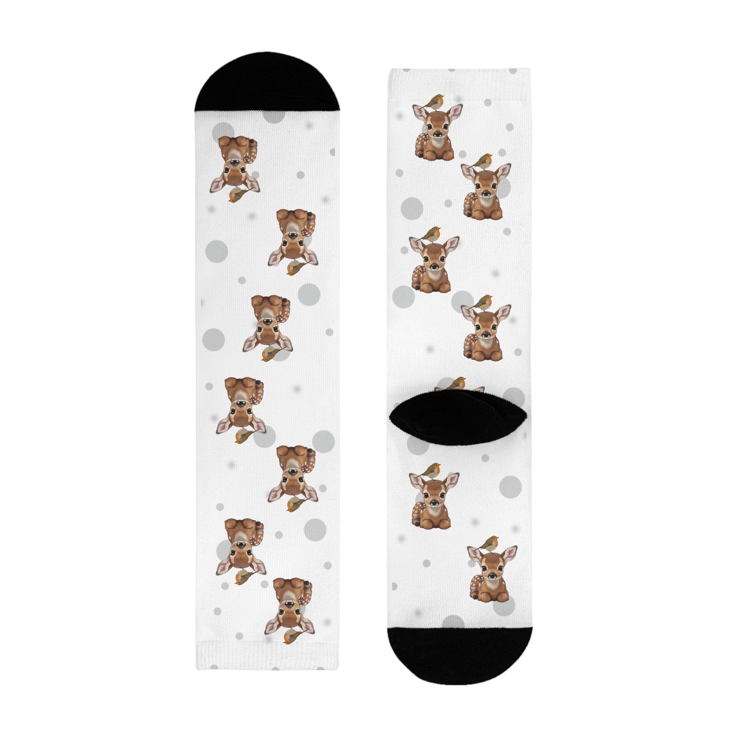 Rotkehlchen Socken mit Rehkitz Vogelsocken mit Tiermotiven Graue Punkte