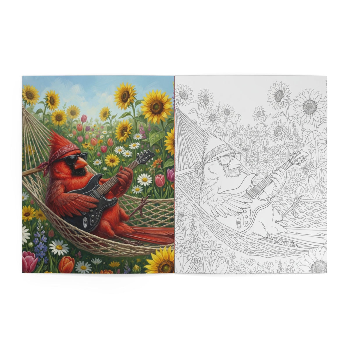 Colorful illustration of a cardinal playing guitar in a hammock with a coloring page version on the right.