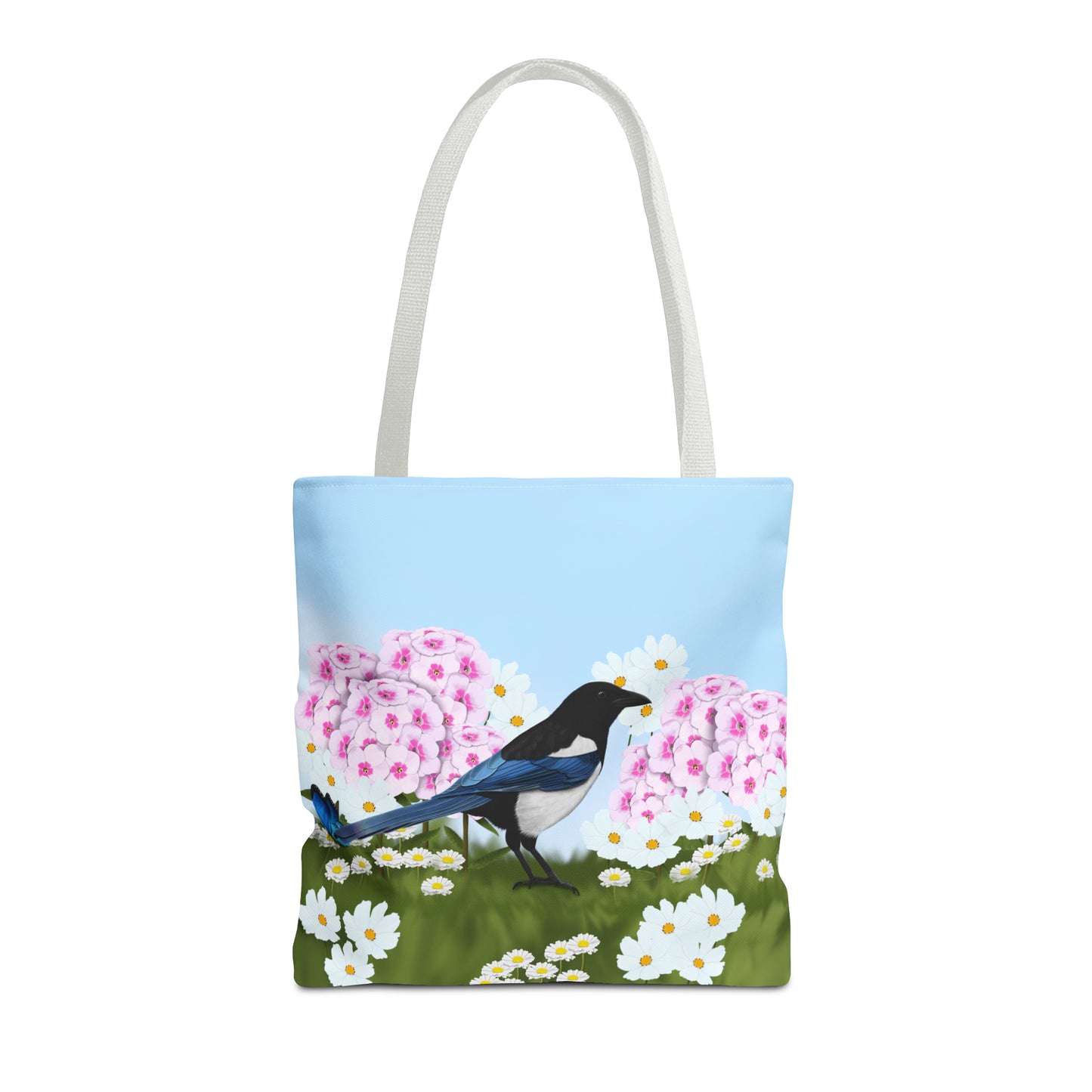 Magpie in Summer Flowers Bird Tote Bag 16"x16" - jz.birds