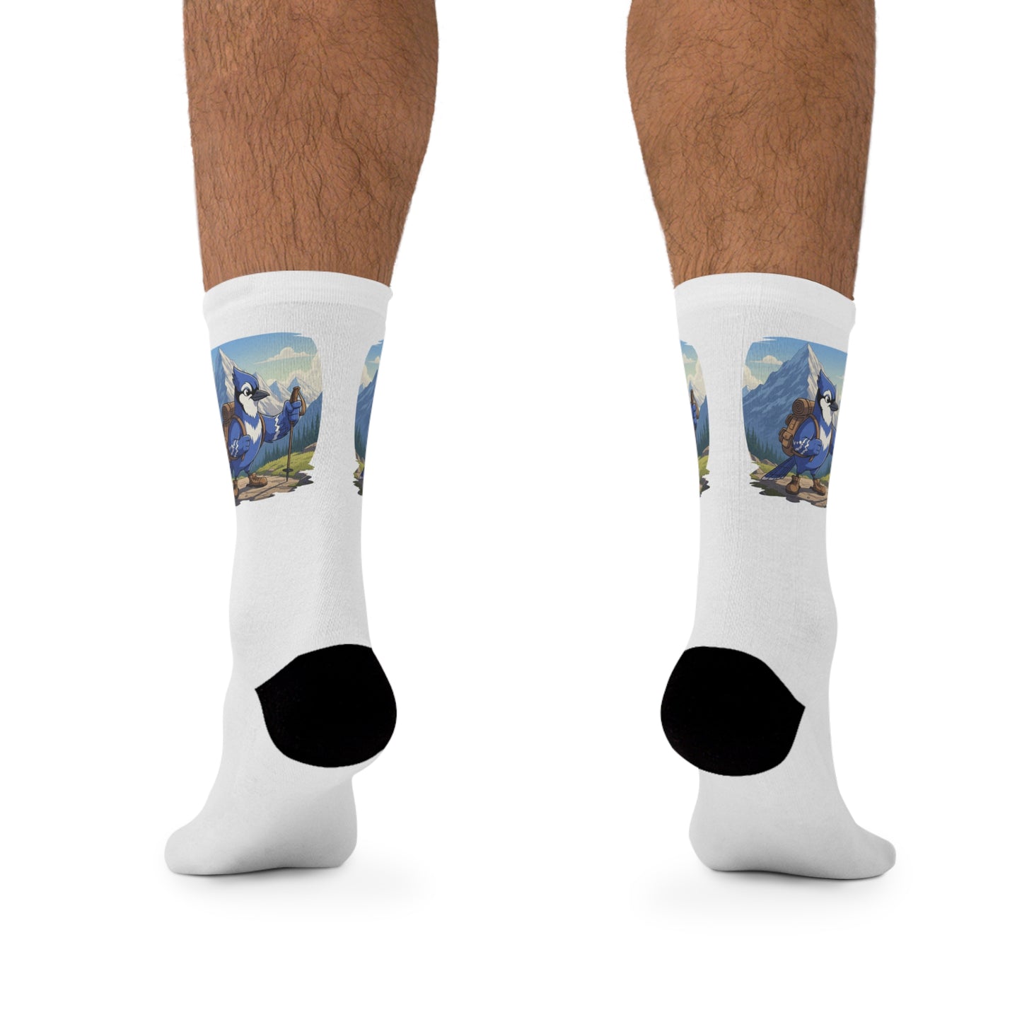 Blue Jay on a Hike Bird Socks White for Bird and Hiking Lovers One Size