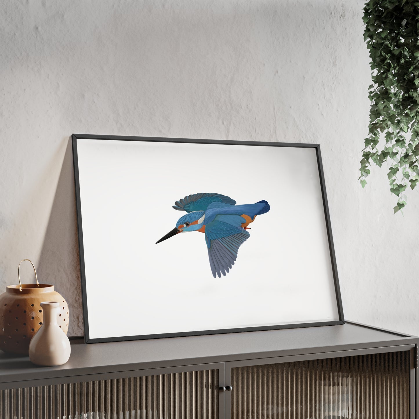 Vogel Poster im Holzrahmen - Eisvogel Poster Singvogel Weiß