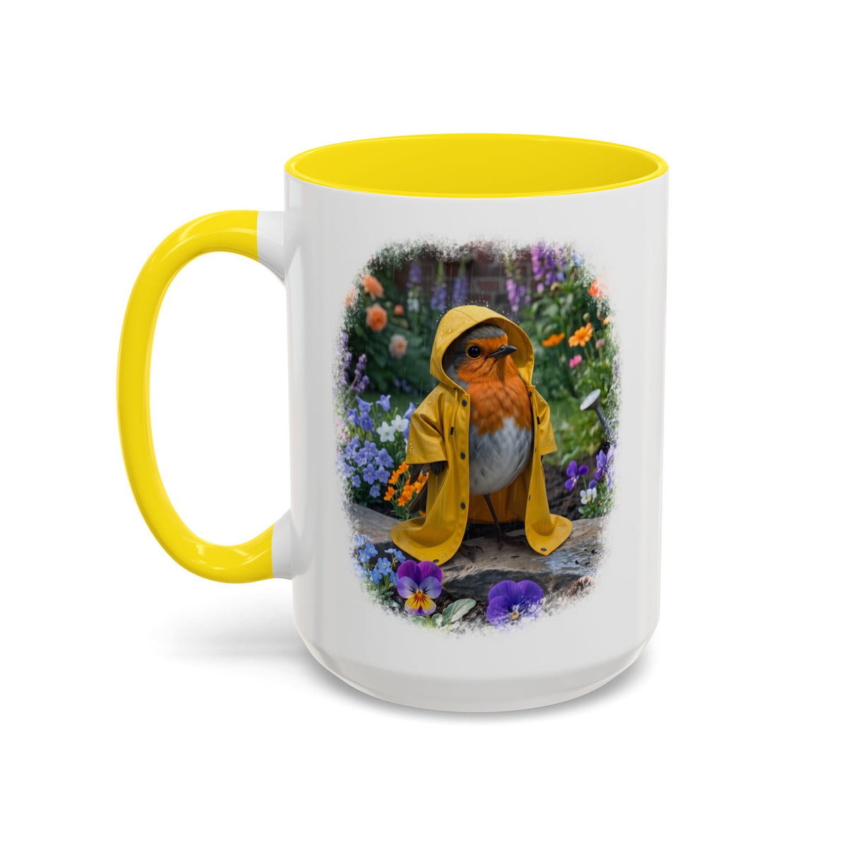 Robin Rosi Yellow Raincoat Garden Premium Mug for Bird Lovers