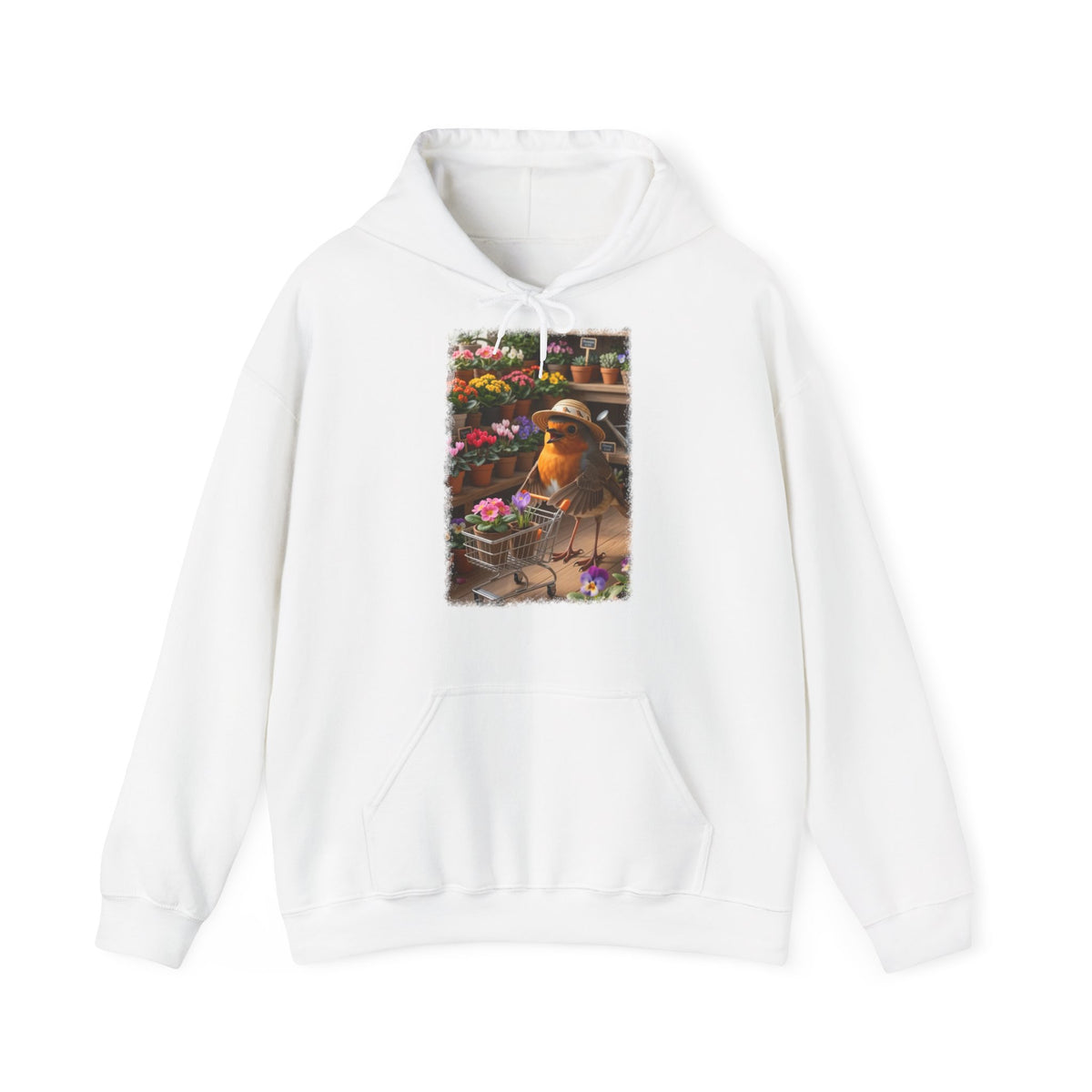Lustiger Rotkehlchen Hoodie mit Blumen-Einkaufswagen | Süßer Vogel Kapuzenpullover für Pflanzenfans
