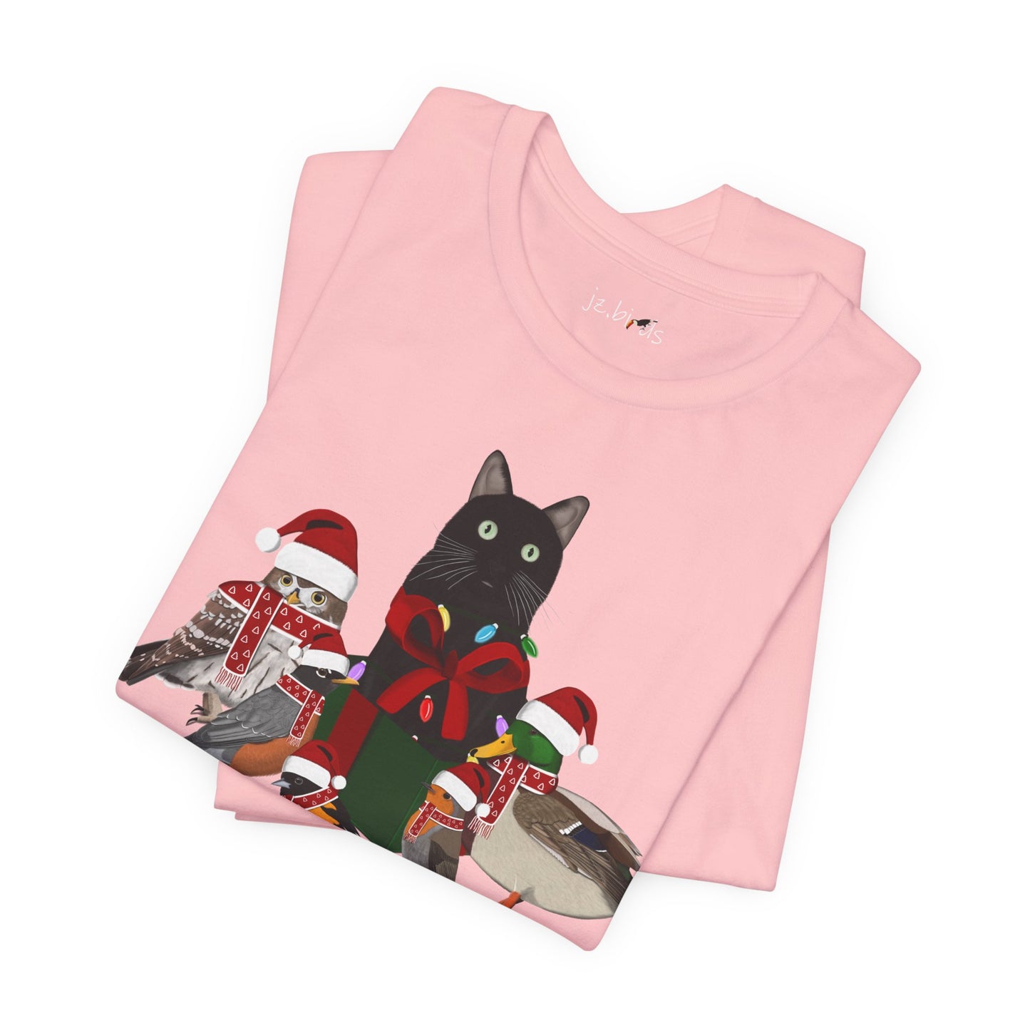 Robin Mallard Oriole Owl with Cat in a Box and Fairy Lights Christmas Bird T-Shirt