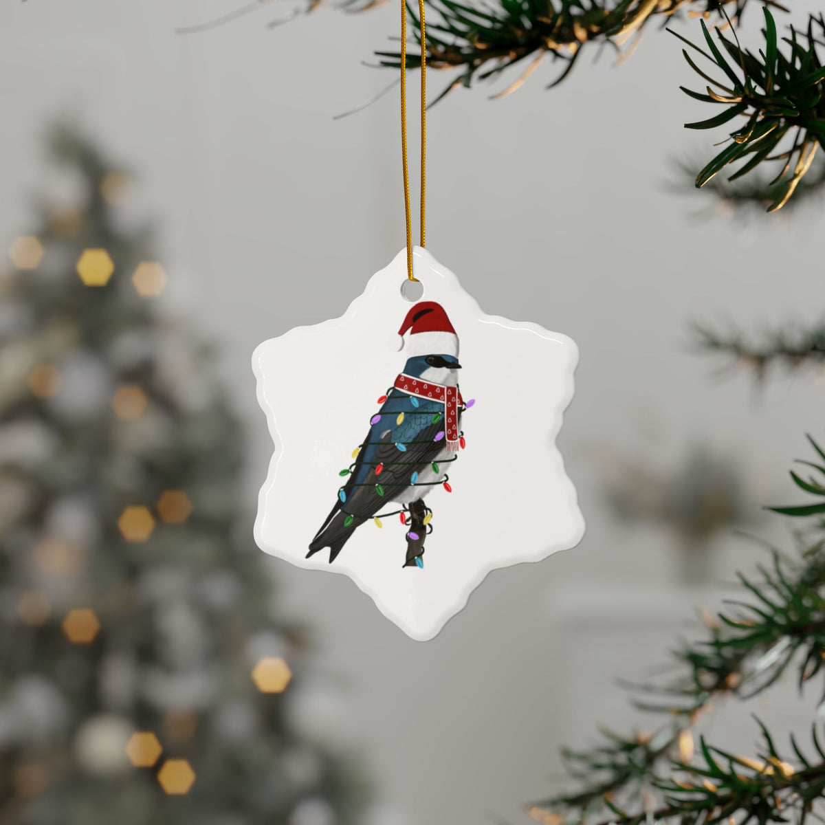 Tree Swallow as Santa Ceramic Bird Christmas Ornament | Durable Double-Sided Bird Lover Decor