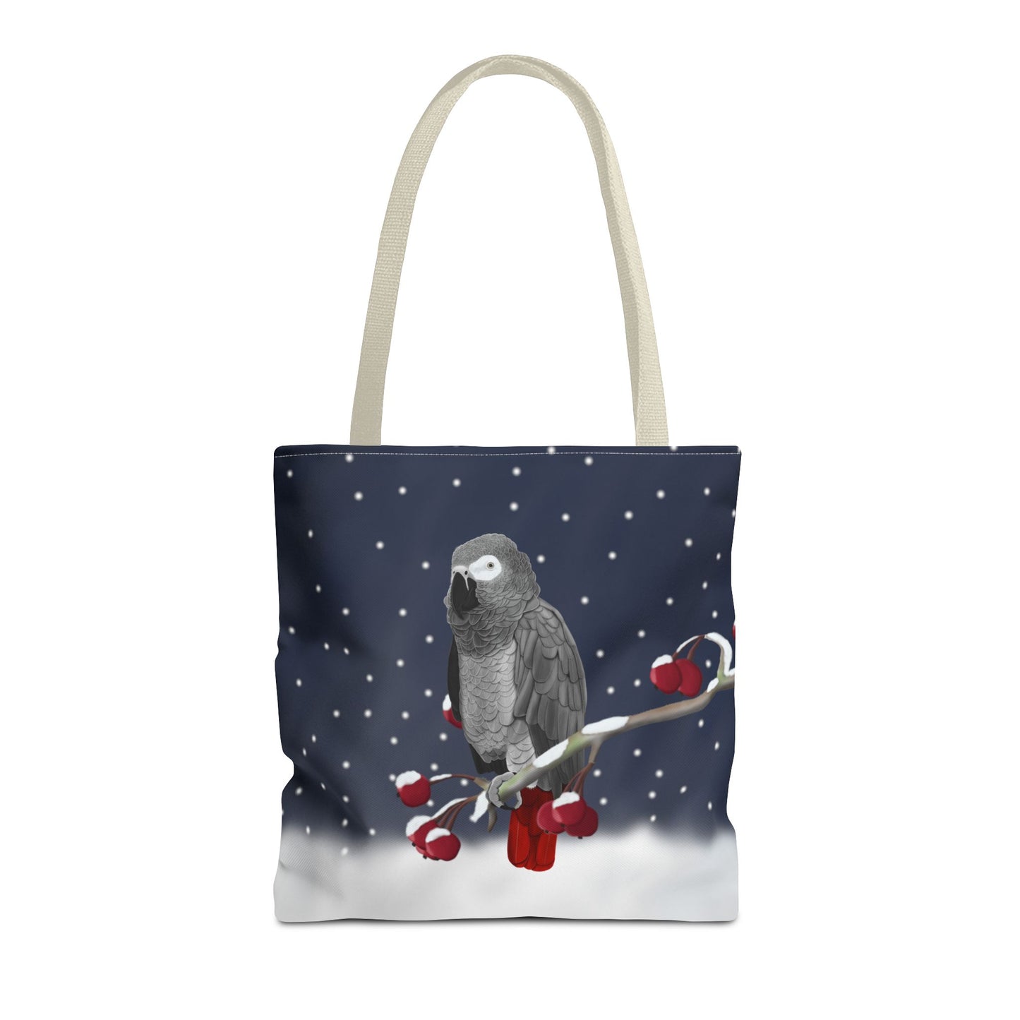 Graupapagei auf einem Ast im Schnee Vogel Tragetasche