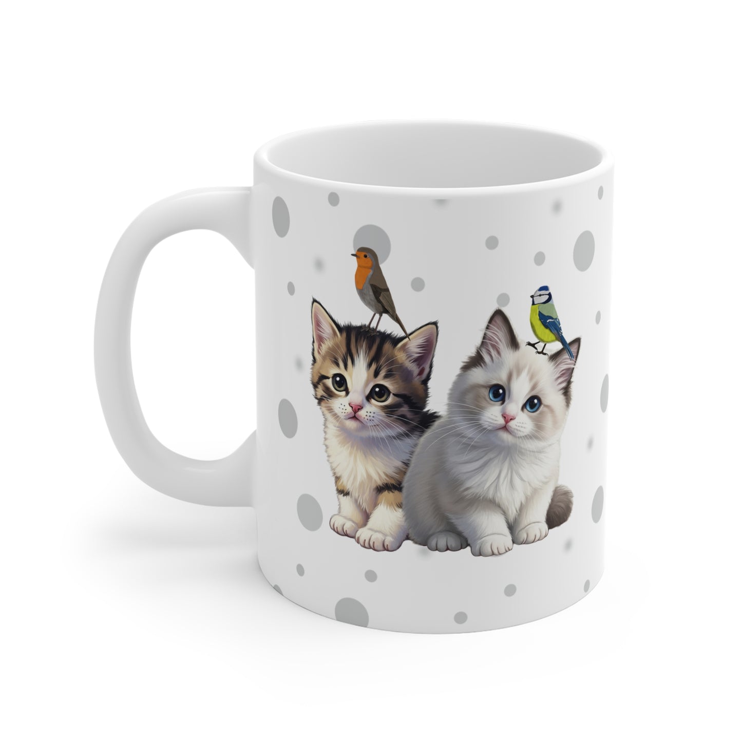 Katzenbabys Kätzchen Tasse mit Rotkehlchen und Blaumeise Tiermotiv Punkte Grau