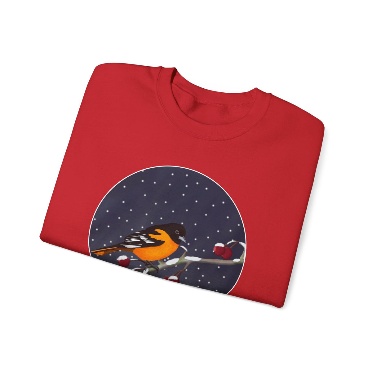 Baltimore Oriole on a Winter Branch Birdwatcher Christmas Bird Sweatshirt