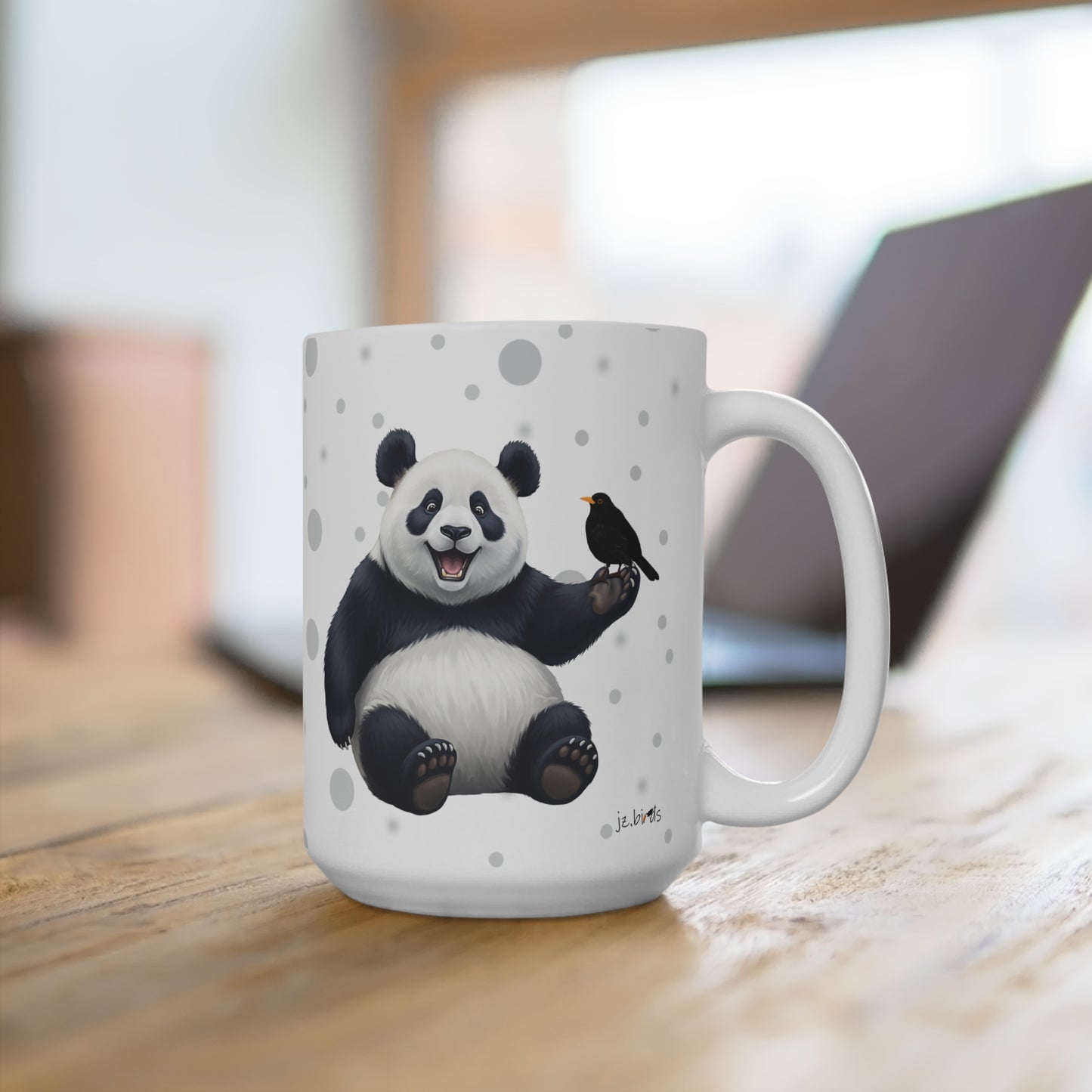 Amsel mit einem fröhlichen Panda Vogel Tiermotiv Tasse Punkte Grau