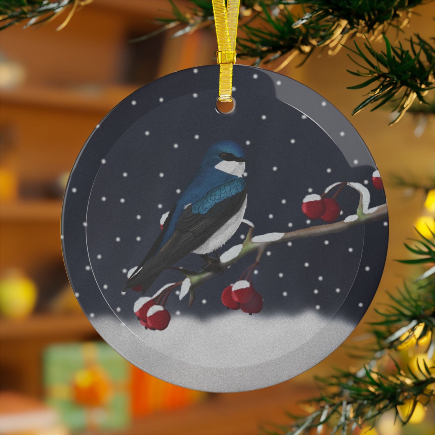 Tree Swallow Ornaments – on a Winter Branch Christmas Bird Glass Ornament