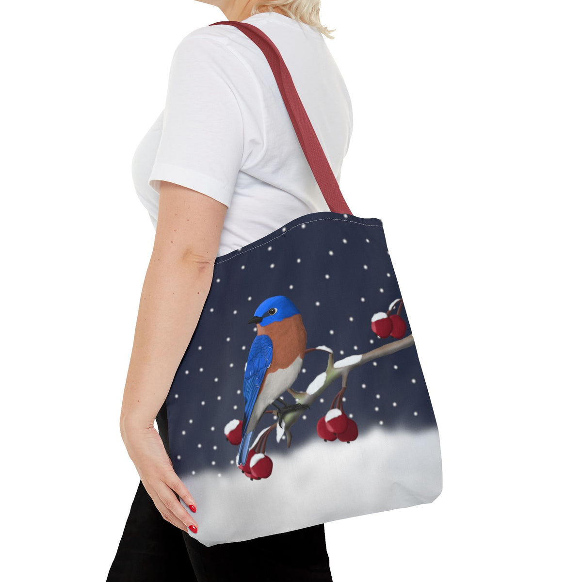 Bluebird on a Winter Branch Christmas Bird Tote Bag 16"x16"