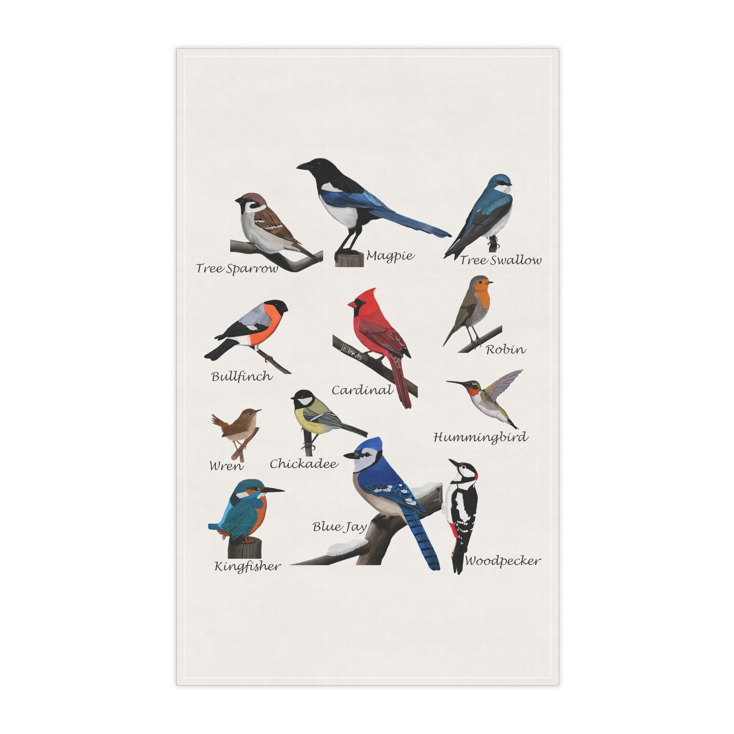 Backyard Birds Blue Jay Cardinal Hummingbird Bird Art Kitchen Towel White 18" × 30"
