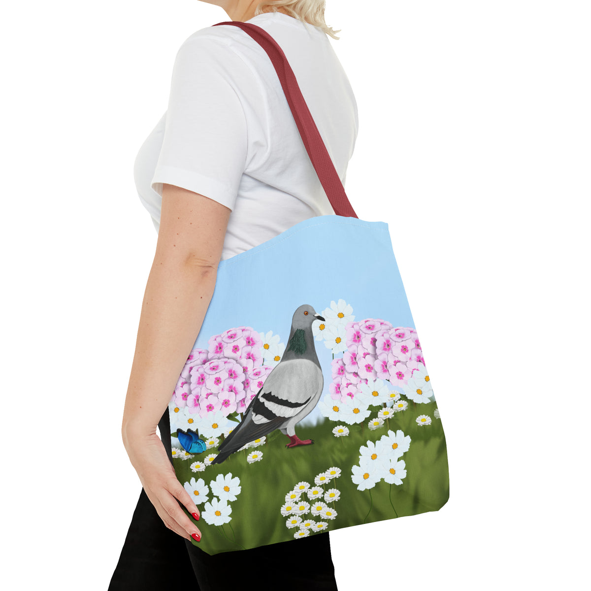 Pigeon in Summer Flowers Bird Tote Bag 16"x16" - jz.birds