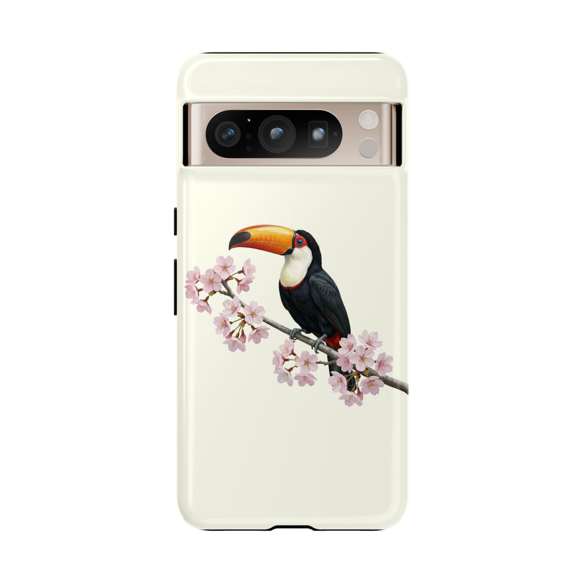 Custodia per cellulare Tukan in bianco crema | Motivo floreale con uccello e fiori di ciliegio per iPhone e Google Pixel