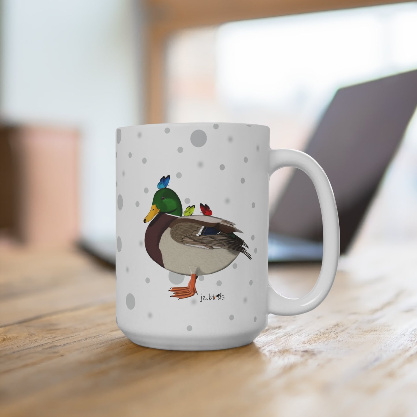Ente mit Schmetterlingen Vogel Tasse Punkte Grau