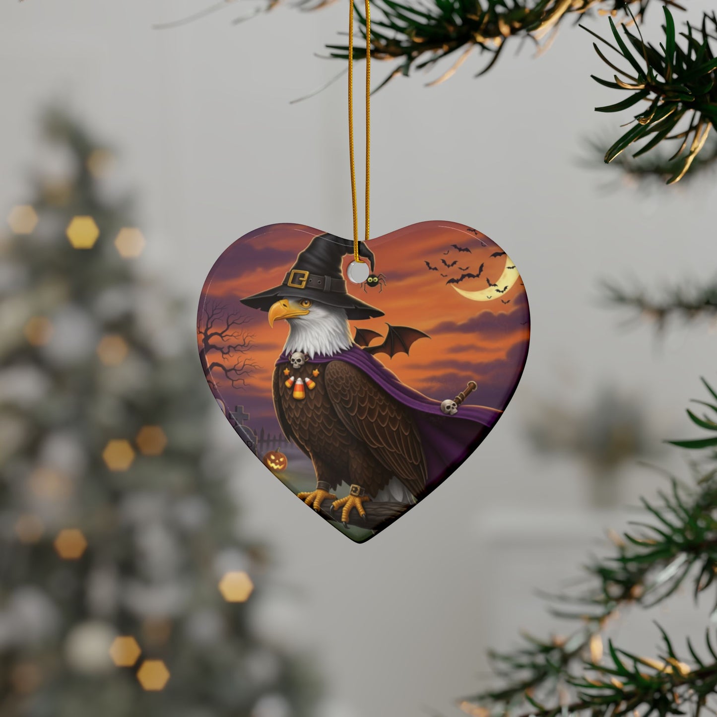 Bald Eagle Ceramic Bird Halloween Ornament | Double-Sided Spooky Decor