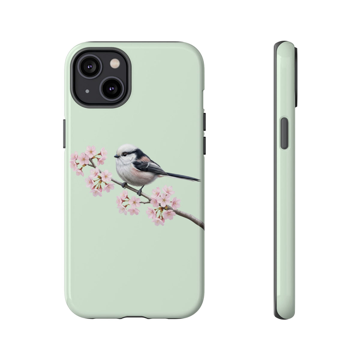 Funda para móvil de carbonero común en verde salvia | Motivo floral de pájaro y flores de cerezo para iPhone y Google Pixel