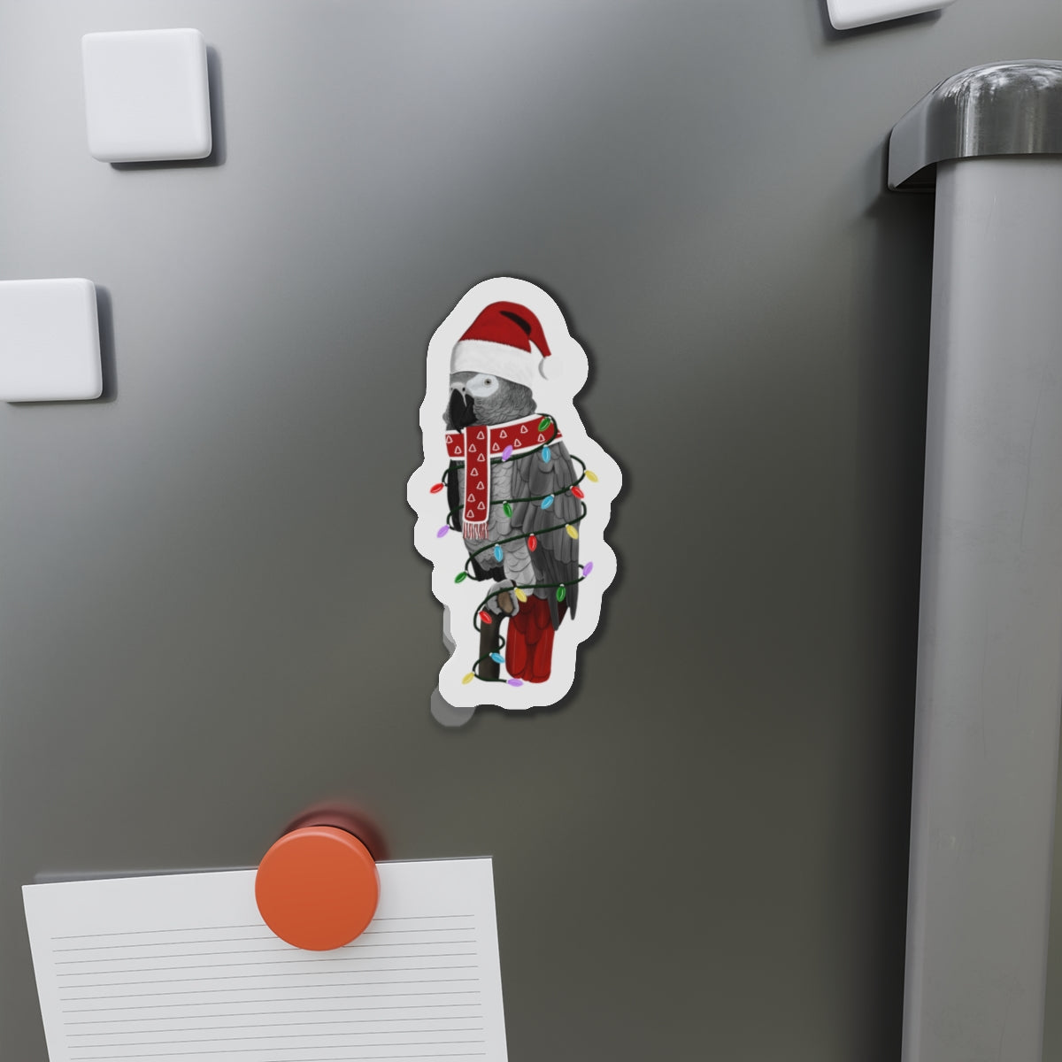 Grey Parrot with Fairy Lights and Scarf Christmas Bird Magnet