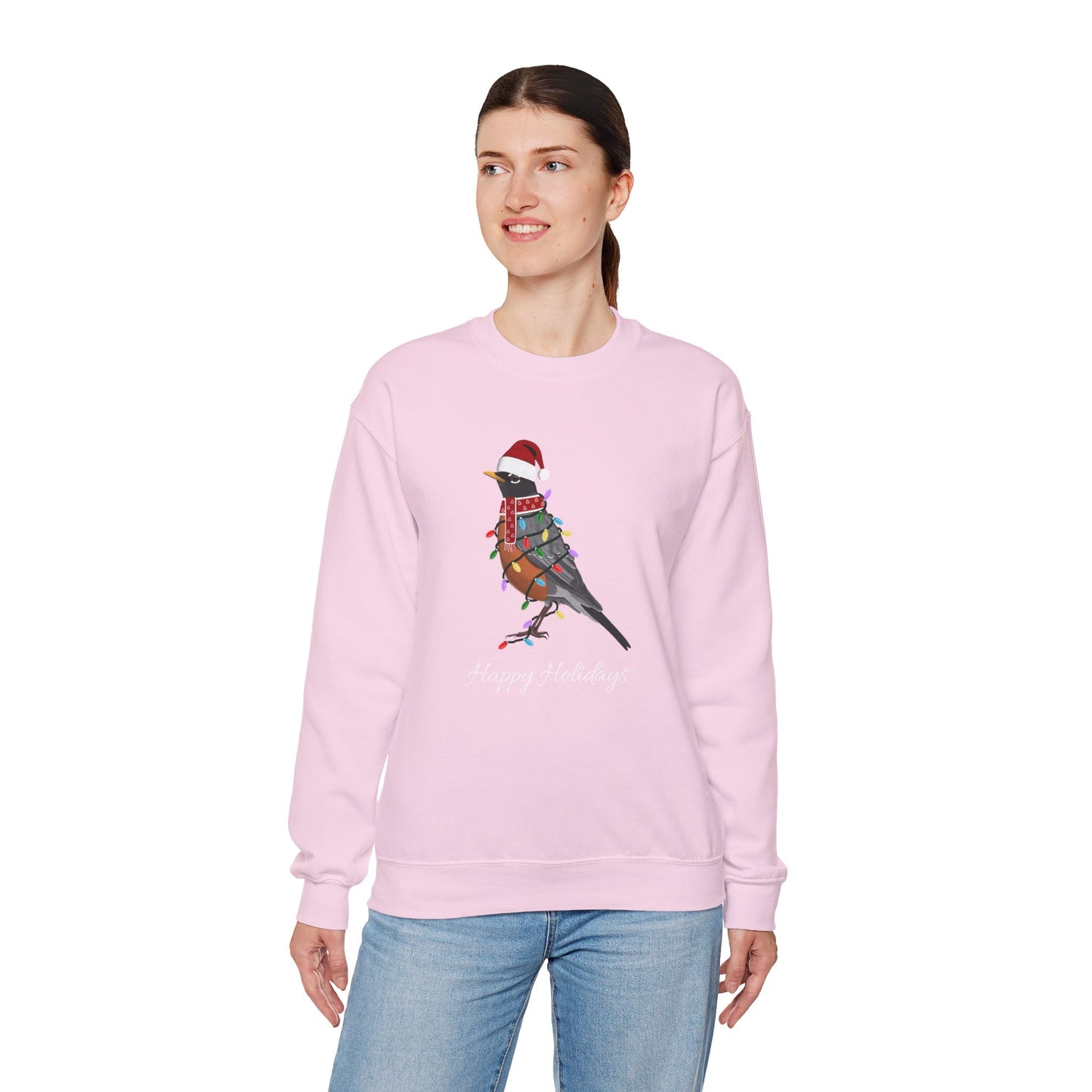 Robin with Fairy Lights as Santa Happy Holidays Birdwatcher Christmas Bird Sweatshirt