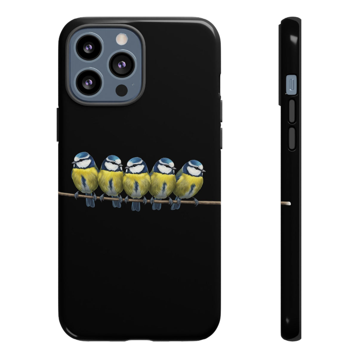 Funda premium para móvil de carbonero azul en una rama – Doble protección e impresión integral, negra