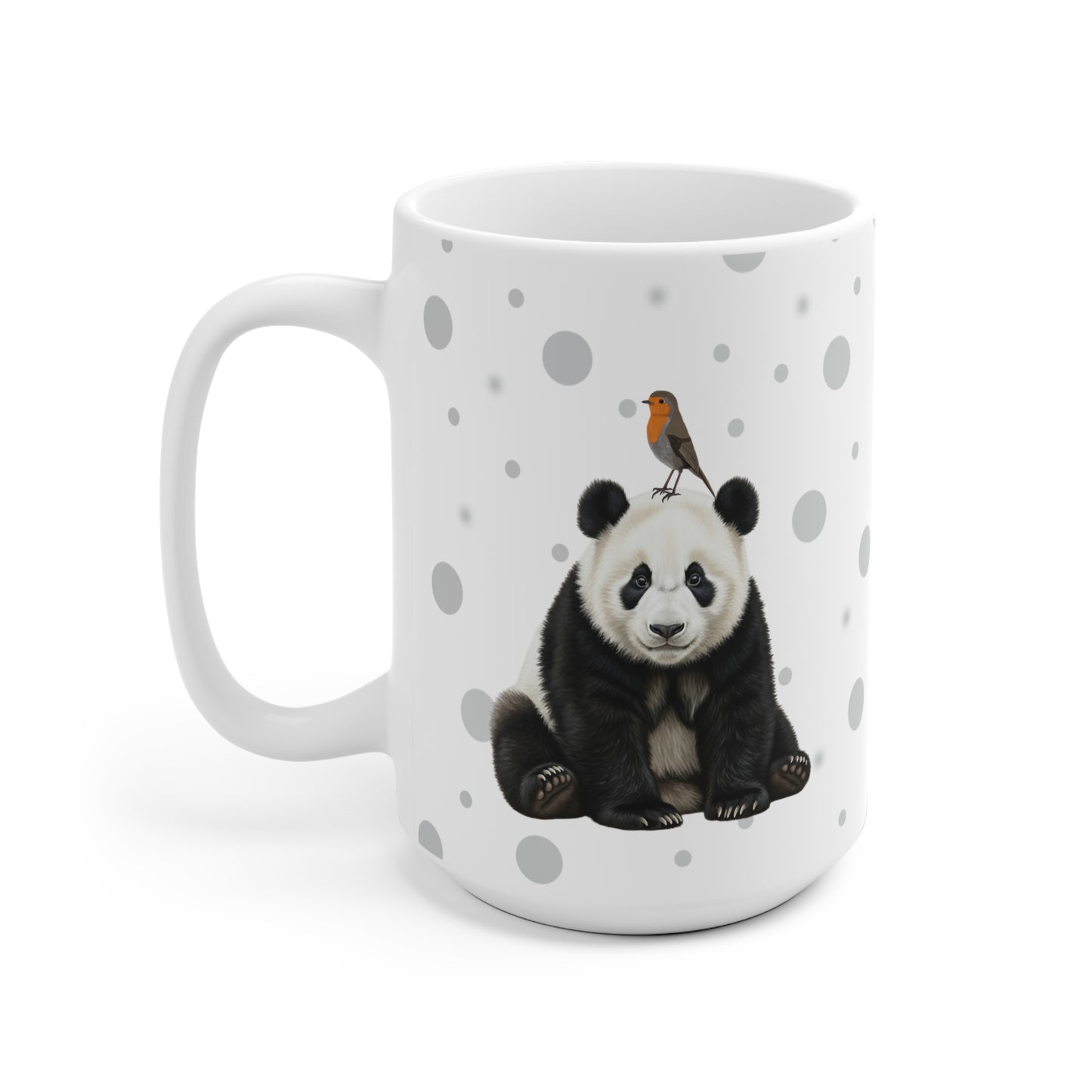 Rotkehlchen mit einem Panda Vogel Tiermotiv Tasse Punkte Grau