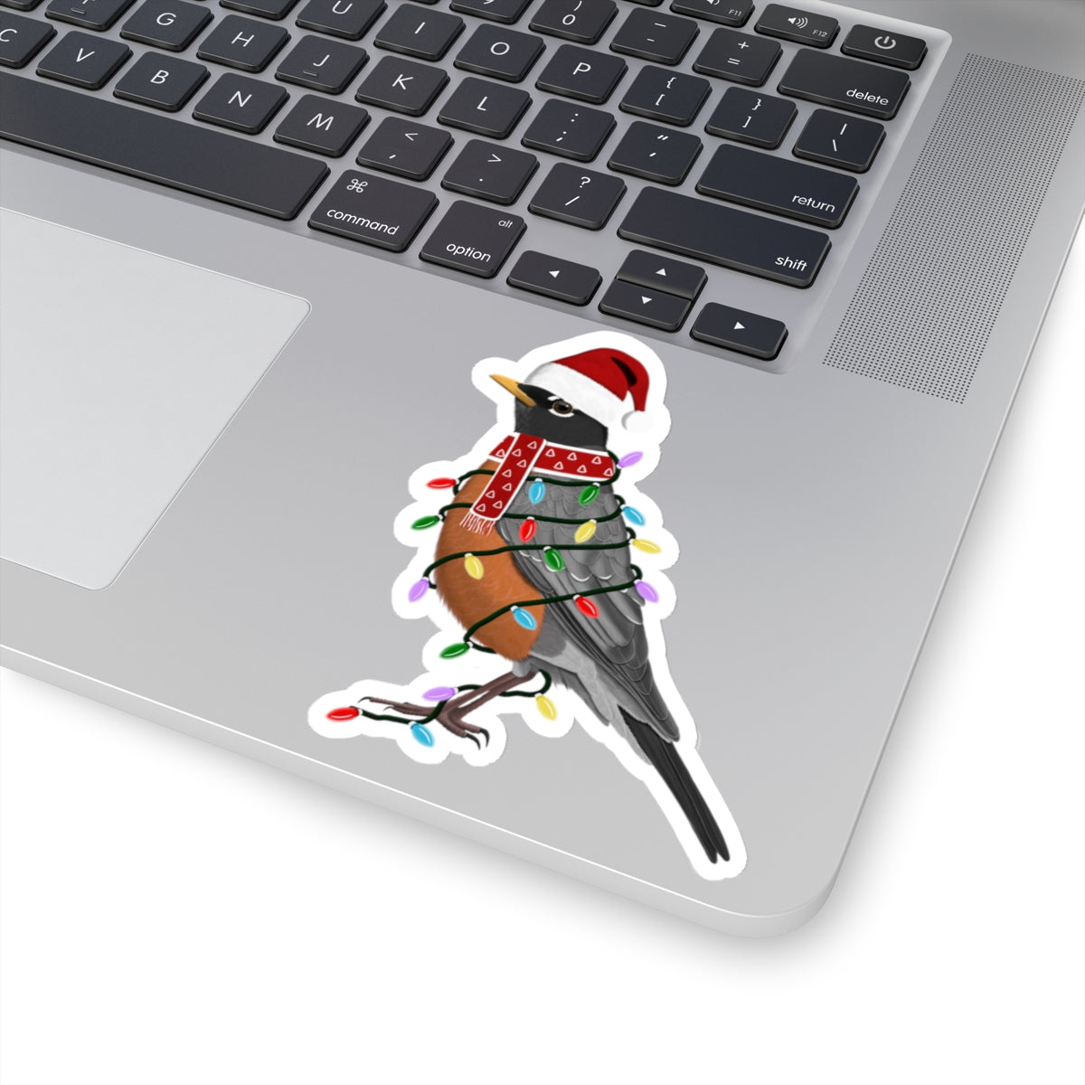 Robin with Fairy Lights Santa Claus Hat and Scarf Christmas Bird Sticker
