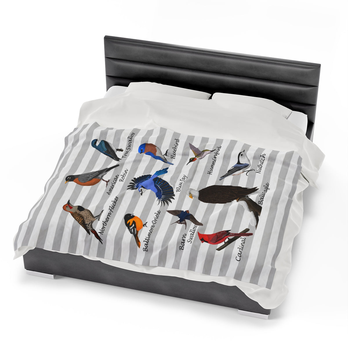 Blue Jay Cardinal Robin Bluebird Hummingbird Backyard Birds Velveteen Plush Blanket Grey White – All Over Print, Sofa Blankets