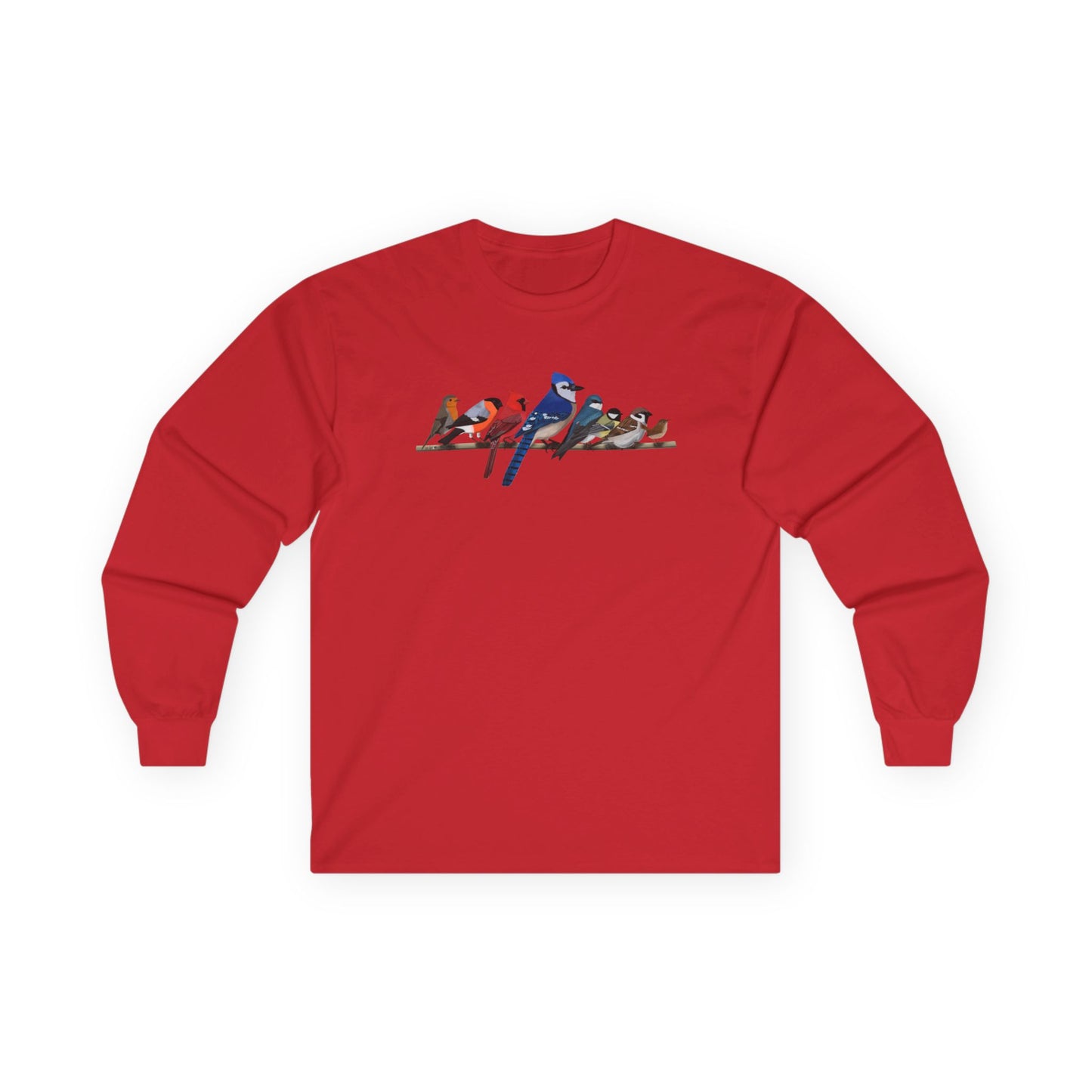 ブルージェイ、カーディナルロビン、枝に止まるバードウォッチング、コットンロングスリーブTシャツ